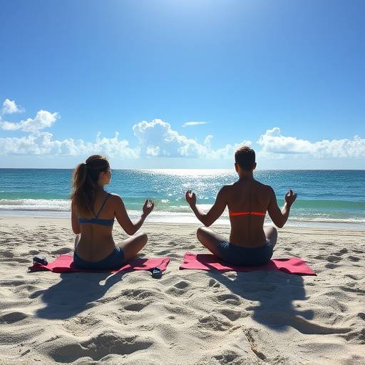 A person meditating peacefully on a beach in Miami, surrounded by nature, representing mental wellness and stress reduction.