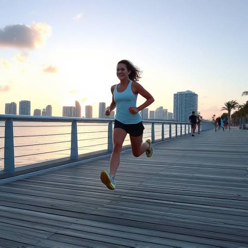 A person running along the Miami South Beach boardwalk at sunrise, with the ocean and city skyline in the background, symbolizing the importance of regular exercise.
