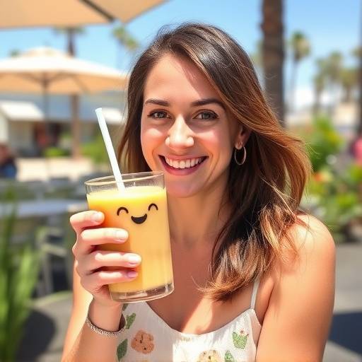 Jennifer Lee enjoying a healthy smoothie, a review from a customer in San Diego