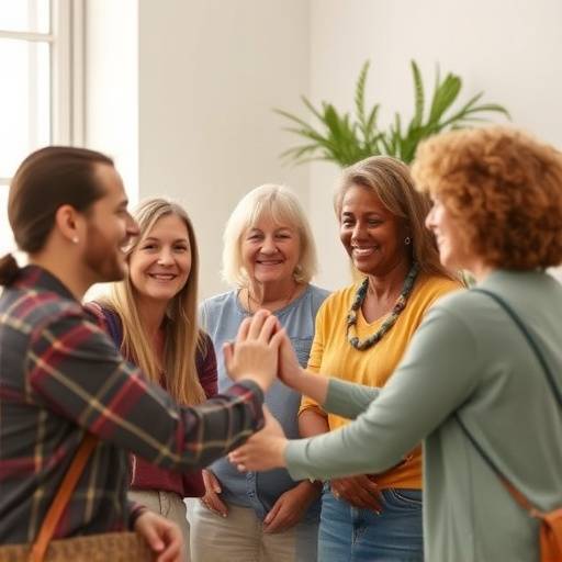 Support group meeting with diverse people connecting